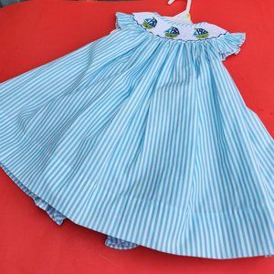 Bow Peep Smocked Baby Dress Size 6 Months Nautical Sailboats Blue And White